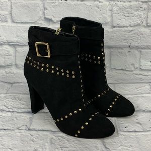 Women’s Bebe Black Suede Gold Stud Buckle Bootie Heel Boot Size 8